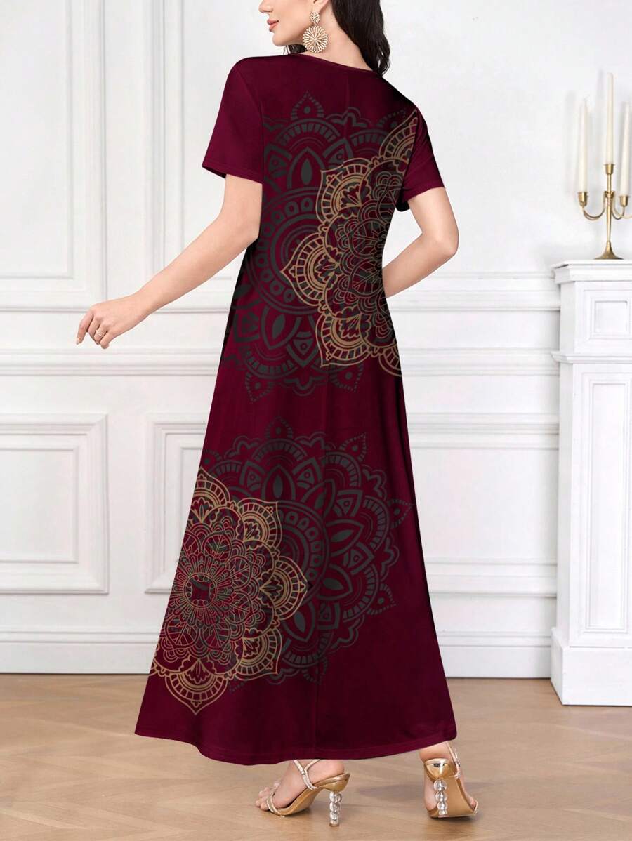 SHEIN Lacomfia فستان أنيق وعصري بأكمام قصيرة مطبوع بتصميم فني
