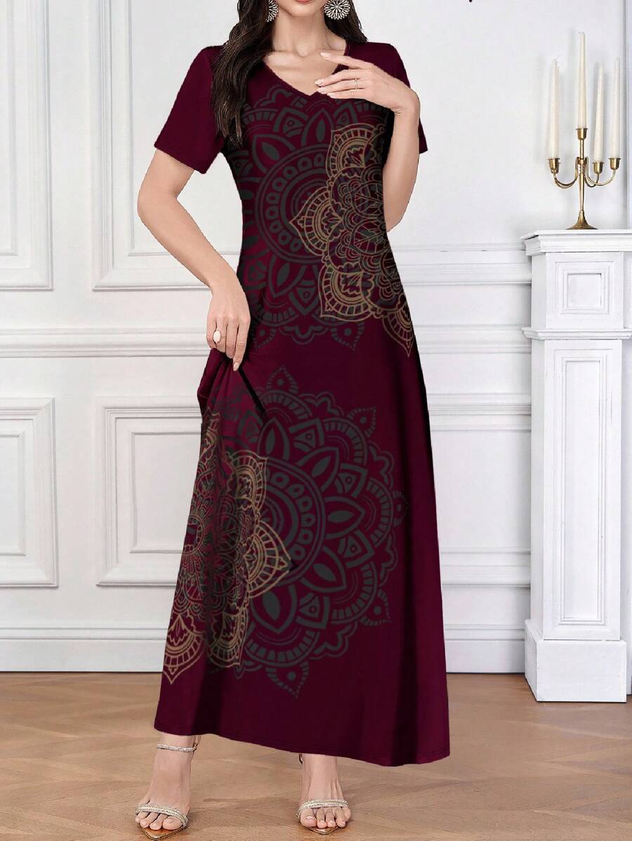 SHEIN Lacomfia فستان أنيق وعصري بأكمام قصيرة مطبوع بتصميم فني