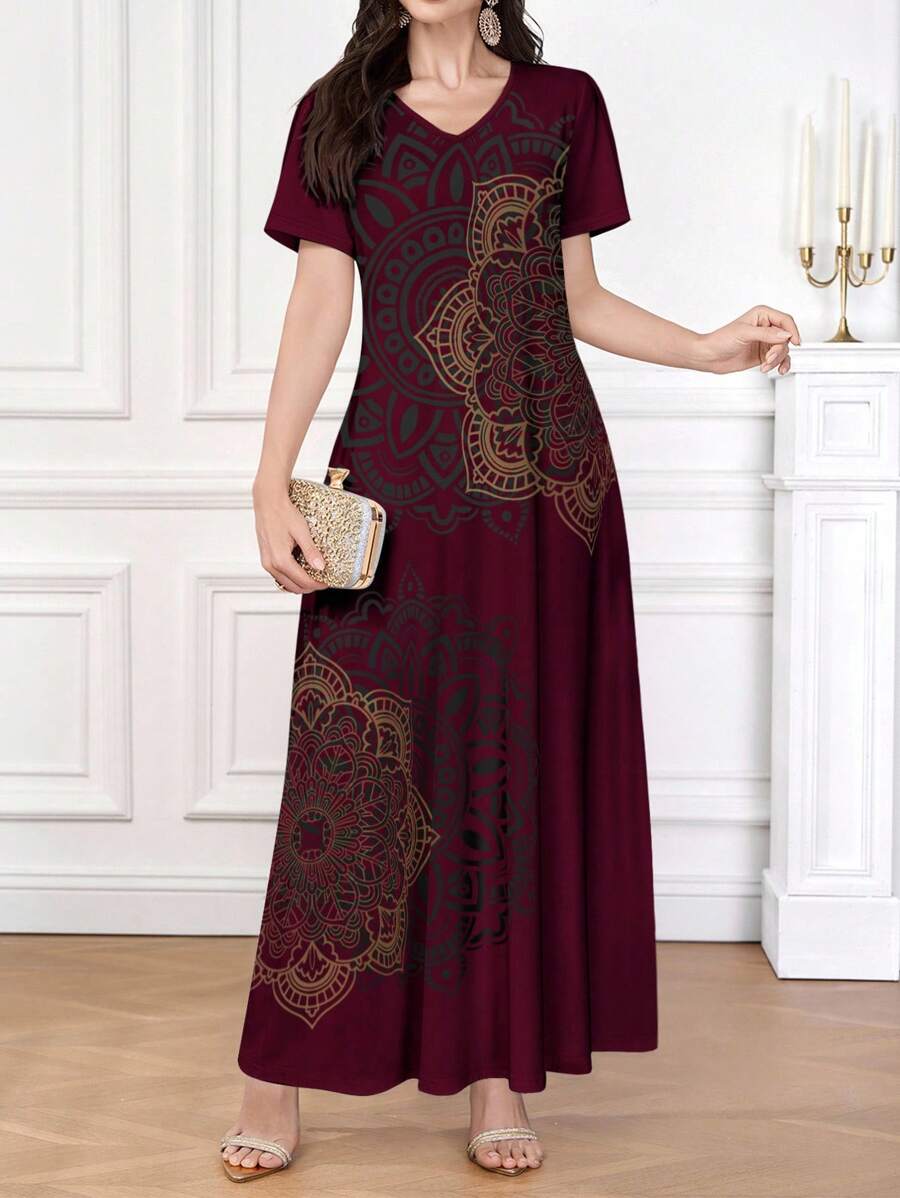 SHEIN Lacomfia فستان أنيق وعصري بأكمام قصيرة مطبوع بتصميم فني