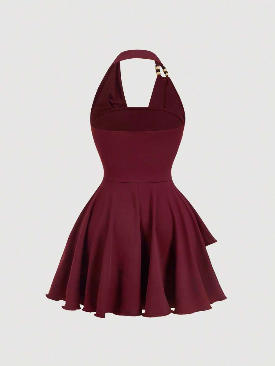 SHEIN MOD فستان قصير غير متماثل برقبة هالتر وكشكشة متعددة الطبقات بطابع فينتاج