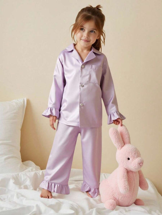 SHEIN طقم بناتي قطعتان من الستان الناعم بأكمام وحواف مكشكشة