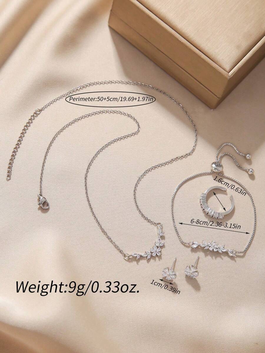 SHEIN مجموعة 5 قطع مجوهرات عقد وسوار وأقراط وخاتم مزين بزركونيا