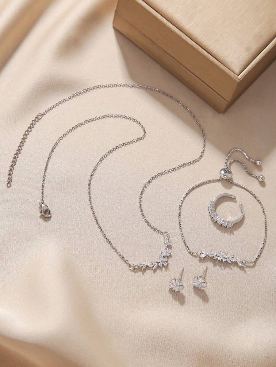 SHEIN مجموعة 5 قطع مجوهرات عقد وسوار وأقراط وخاتم مزين بزركونيا