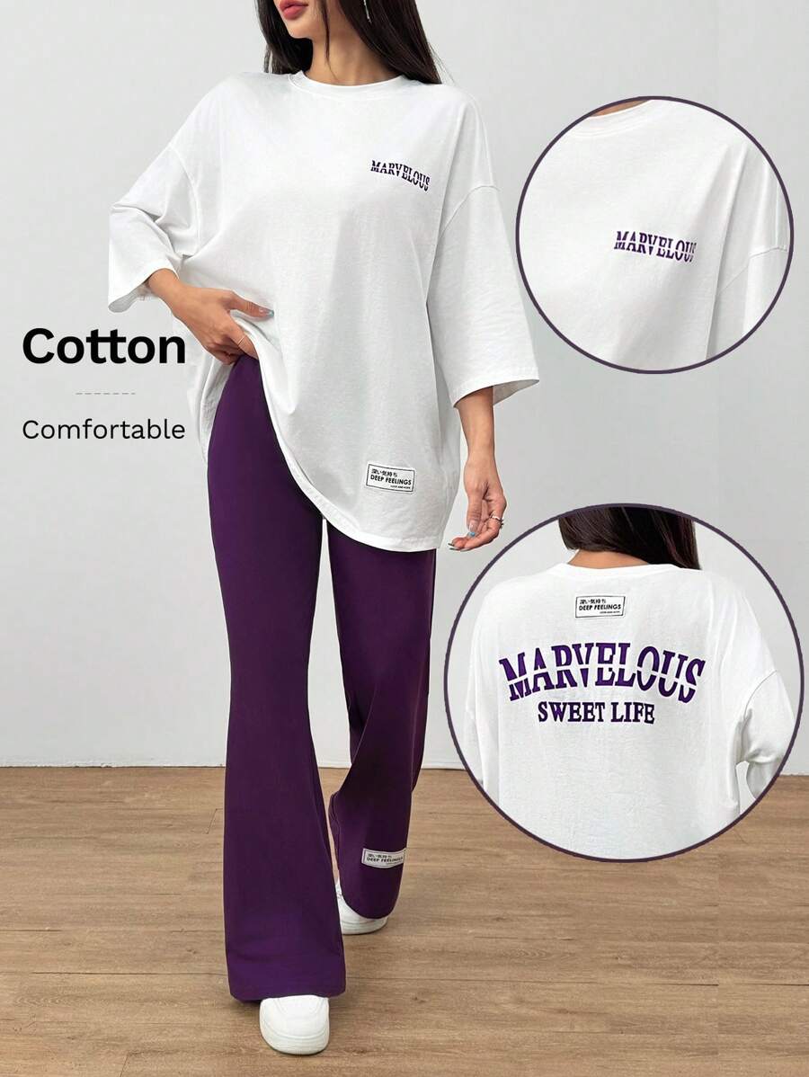 SHEIN Solavon طقم نسائي كاجوال قطعتين تيشرت قطن أوفرسايز وبنطال واسع بنفسجي