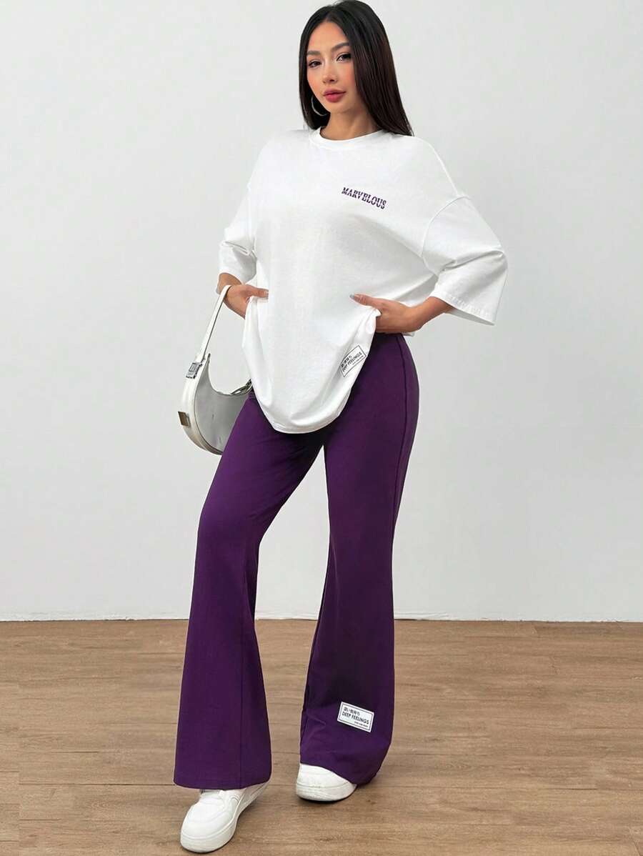 SHEIN Solavon طقم نسائي كاجوال قطعتين تيشرت قطن أوفرسايز وبنطال واسع بنفسجي