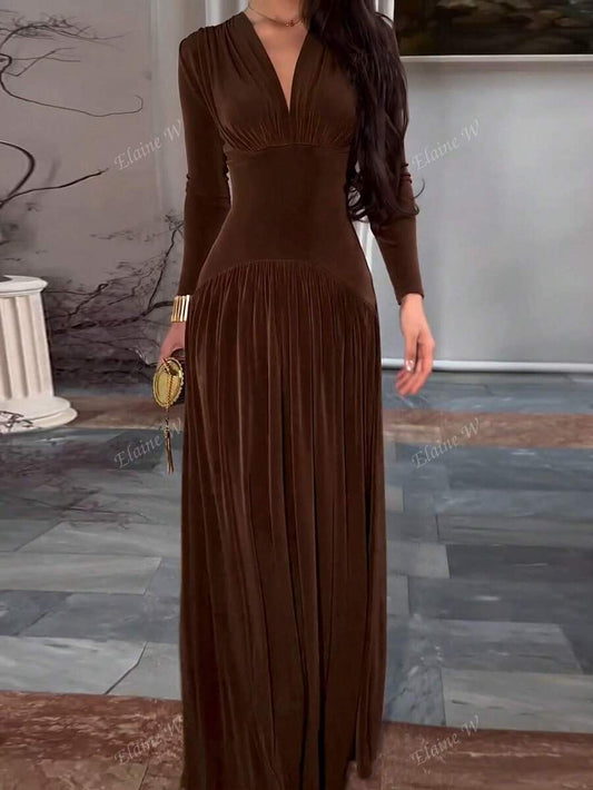 SHEIN فستان بني قطيفة بأكمام طويلة