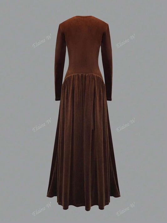 SHEIN فستان بني قطيفة بأكمام طويلة