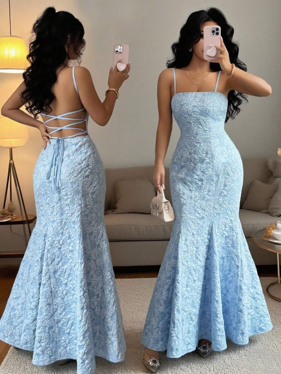 SHEIN Selianne فستان سهرة أطلس أزرق بحمالات متقاطعة