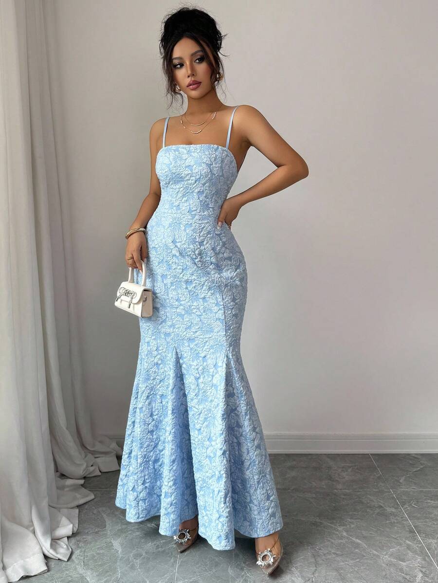 SHEIN Selianne فستان سهرة أطلس أزرق بحمالات متقاطعة