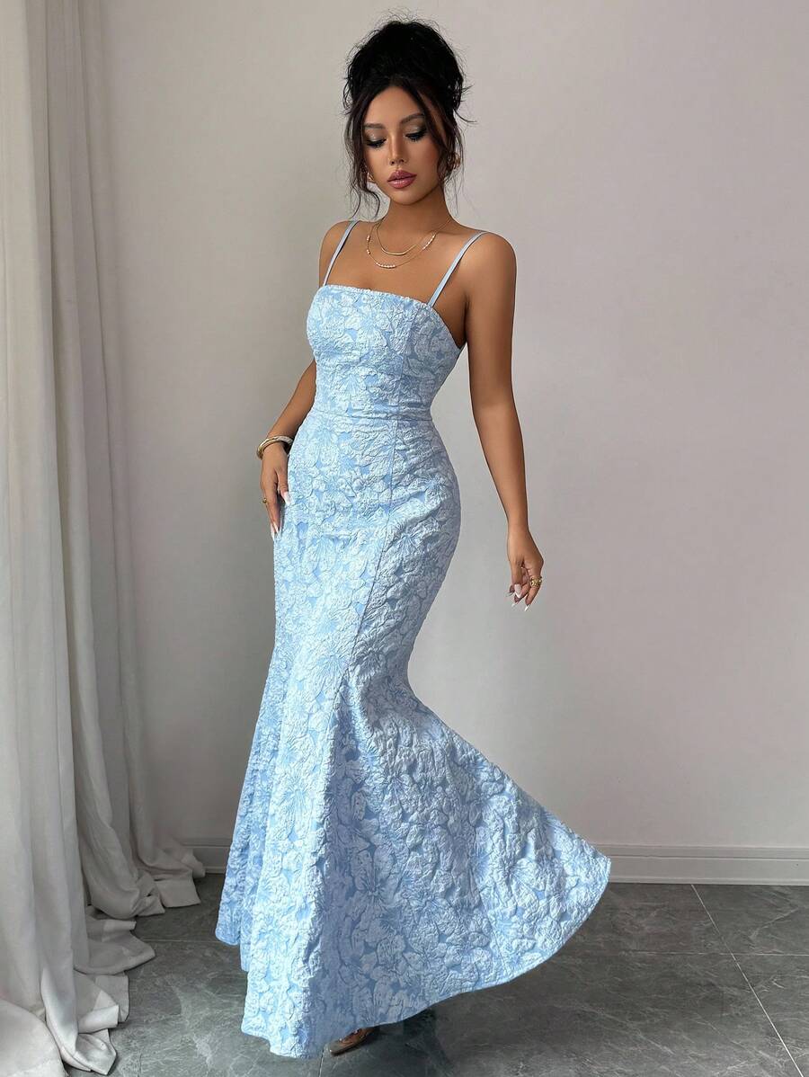 SHEIN Selianne فستان سهرة أطلس أزرق بحمالات متقاطعة