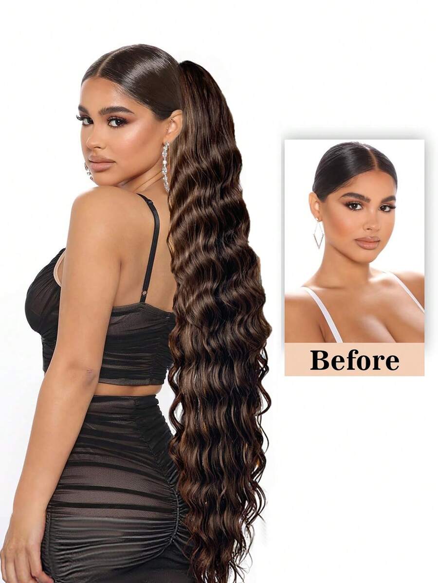 SHEIN باروكة شعر طويل 40 بوصة موجي متعدد الطبقات بمشبك