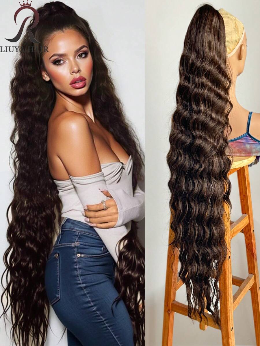 SHEIN باروكة شعر طويل 40 بوصة موجي متعدد الطبقات بمشبك