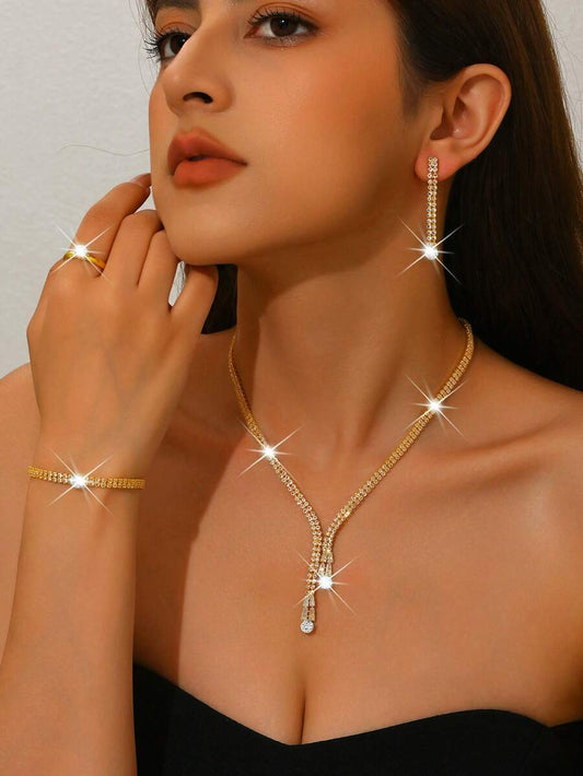 SHEIN طقم مجوهرات ذهبي مرصع بالراين الأبيض