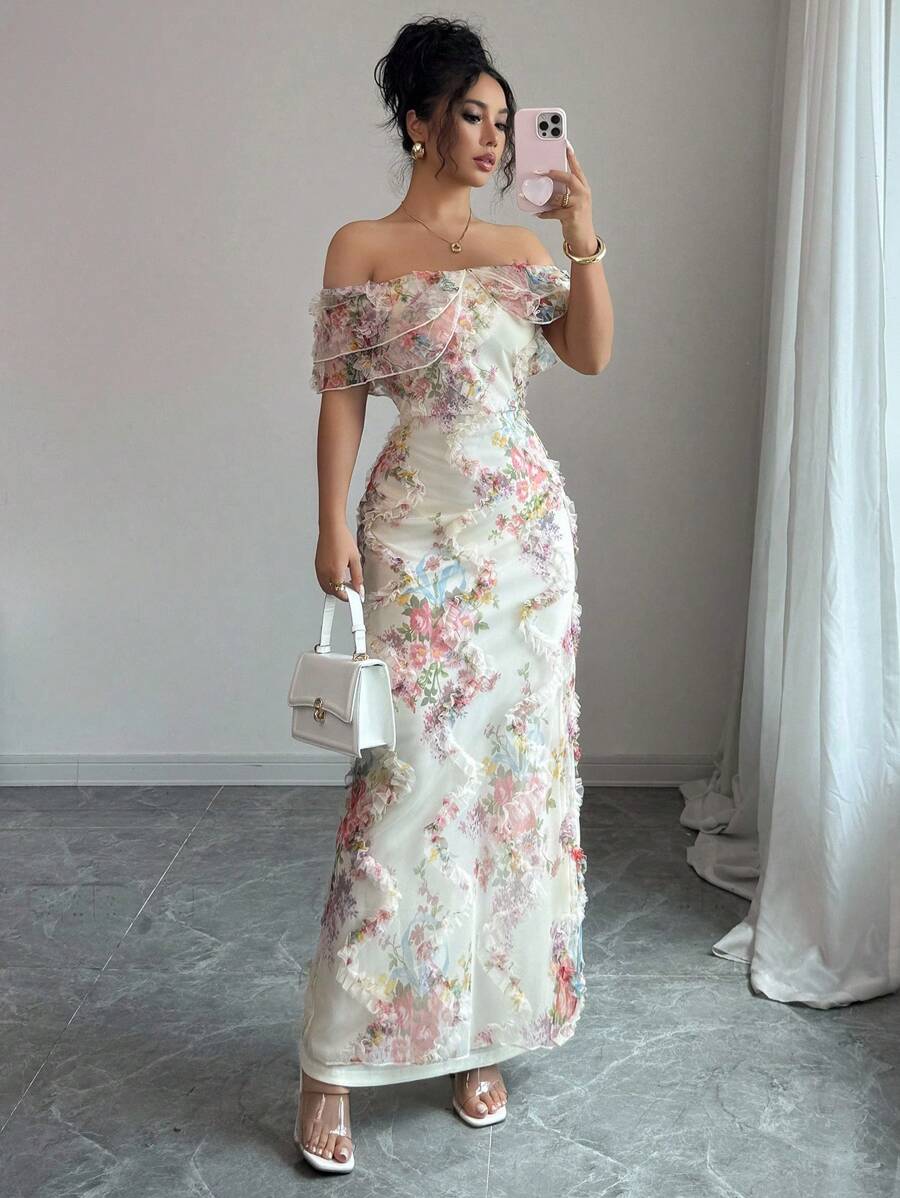 SHEIN Elenzga فستان أنيق رومانسي بكشكشة على الكتف وخصر مشدود