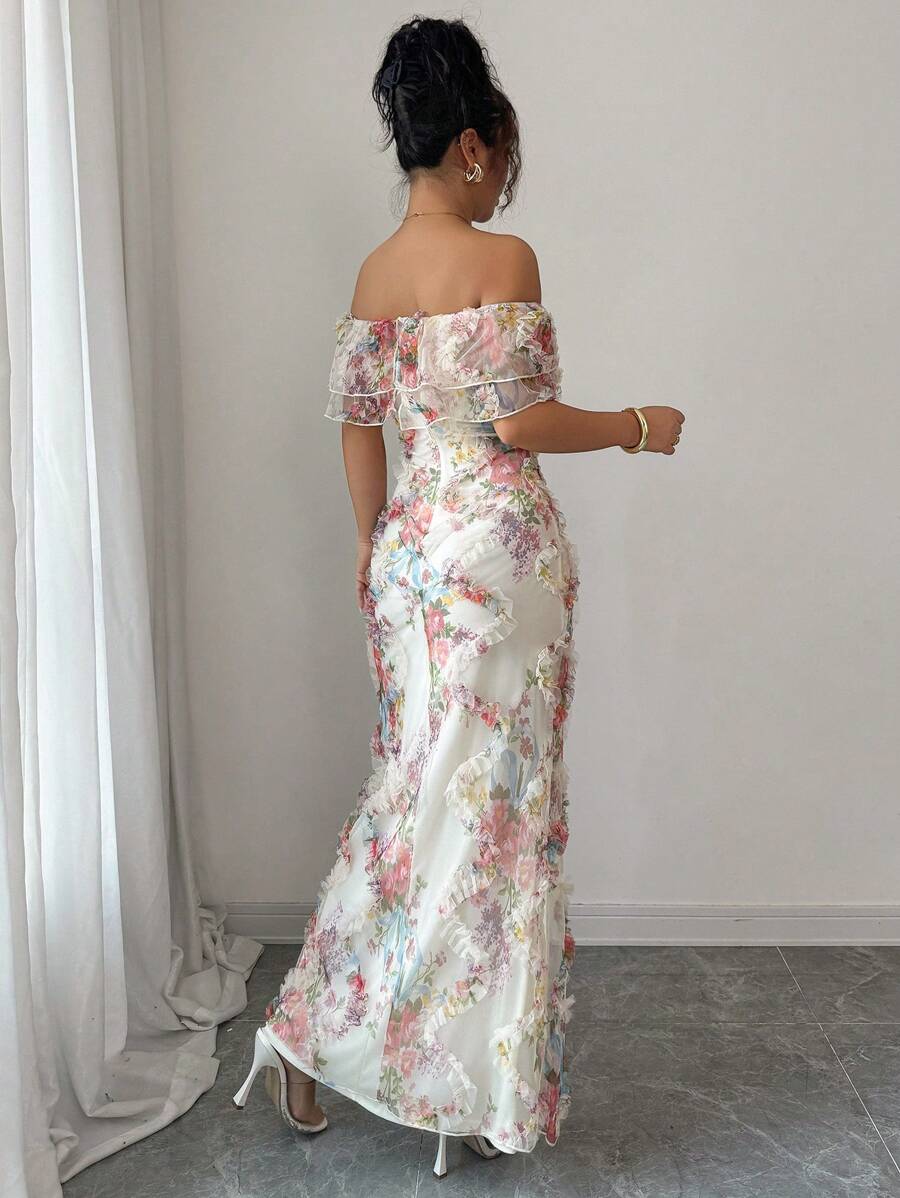 SHEIN Elenzga فستان أنيق رومانسي بكشكشة على الكتف وخصر مشدود