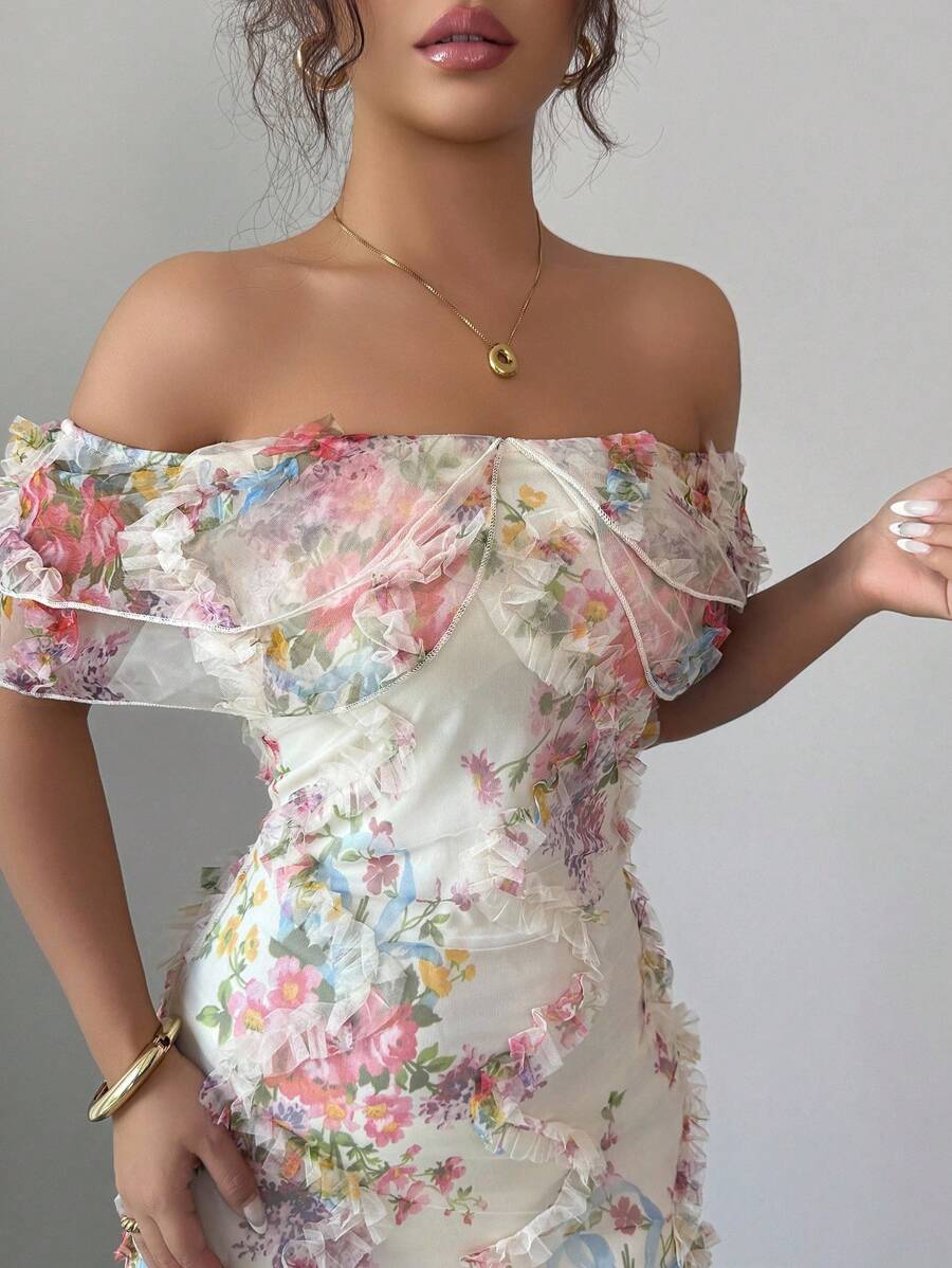 SHEIN Elenzga فستان أنيق رومانسي بكشكشة على الكتف وخصر مشدود