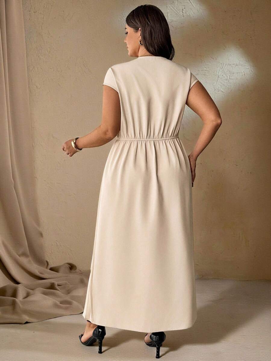 SHEIN Roveilla فستان ماكسي كاجوال بثنيات فضفاضة بلون مشمشي