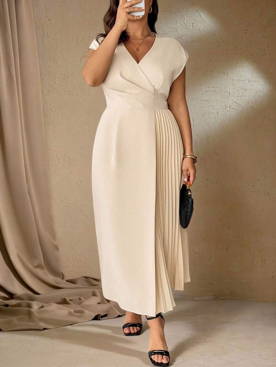 SHEIN Roveilla فستان ماكسي كاجوال بثنيات فضفاضة بلون مشمشي
