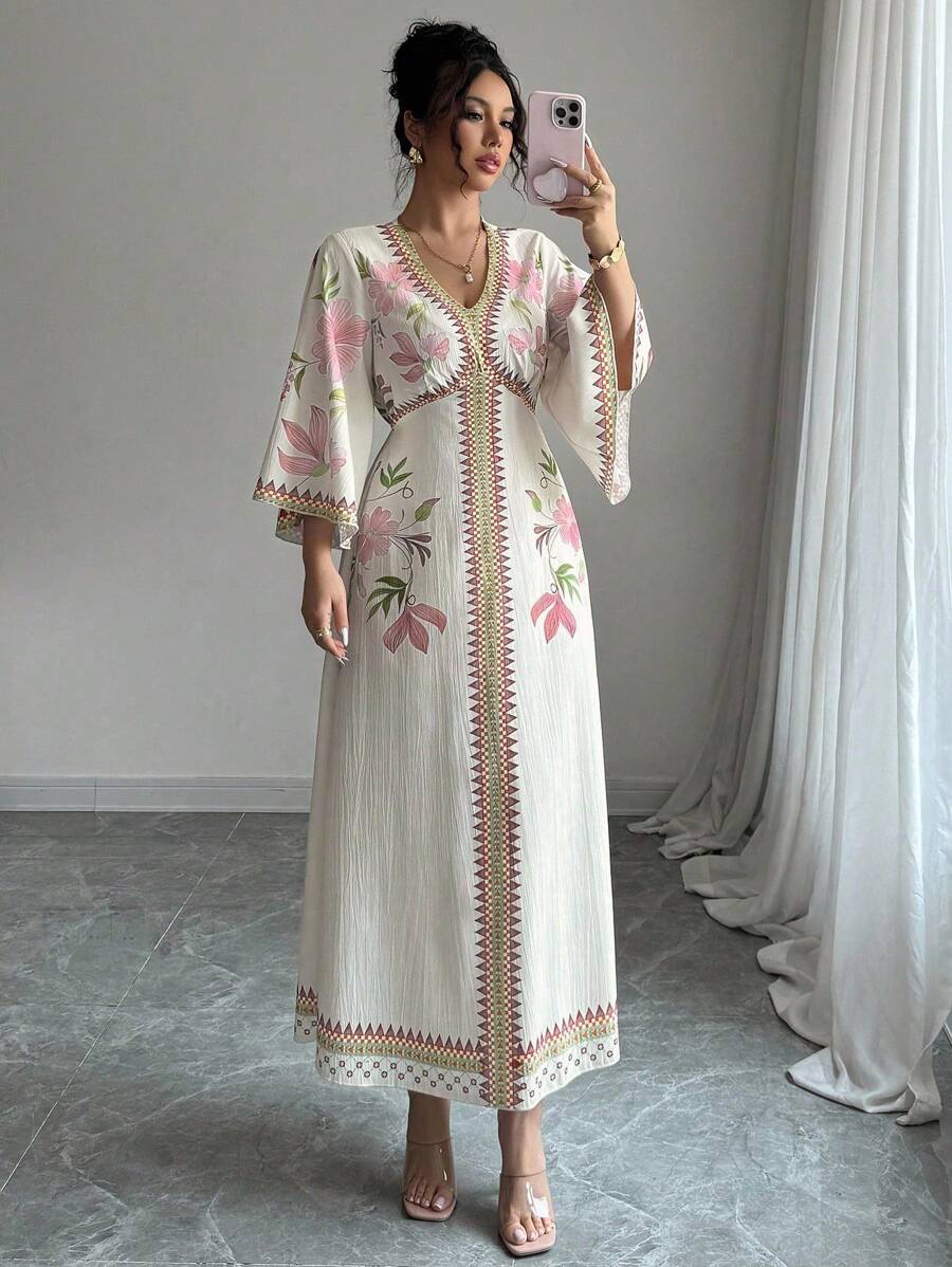 SHEIN Yasmyna فستان وردي أنيق طويل الأكمام مطبوع بالزهور