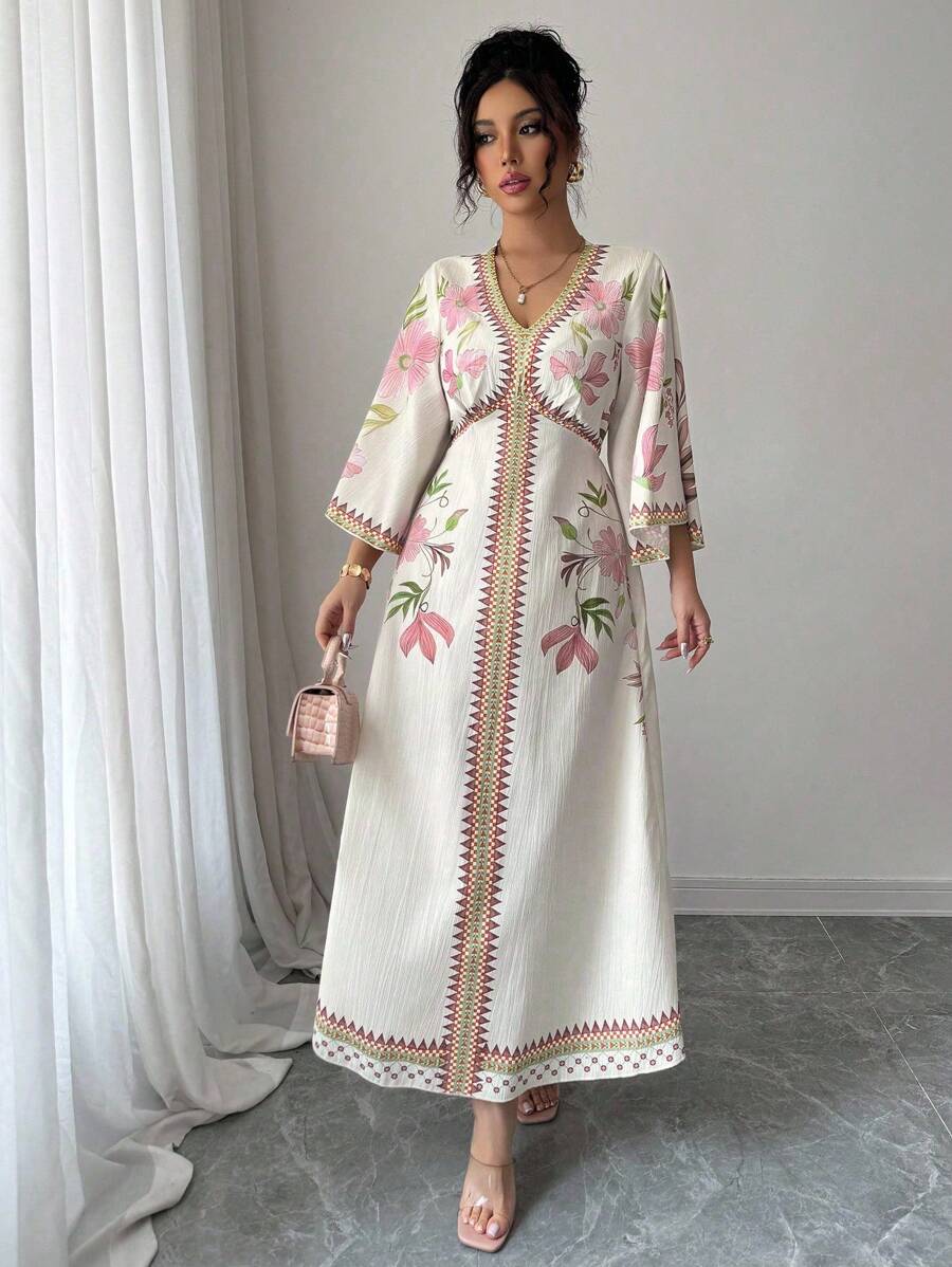 SHEIN Yasmyna فستان وردي أنيق طويل الأكمام مطبوع بالزهور