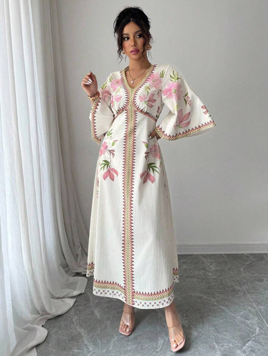 SHEIN Yasmyna فستان وردي أنيق طويل الأكمام مطبوع بالزهور