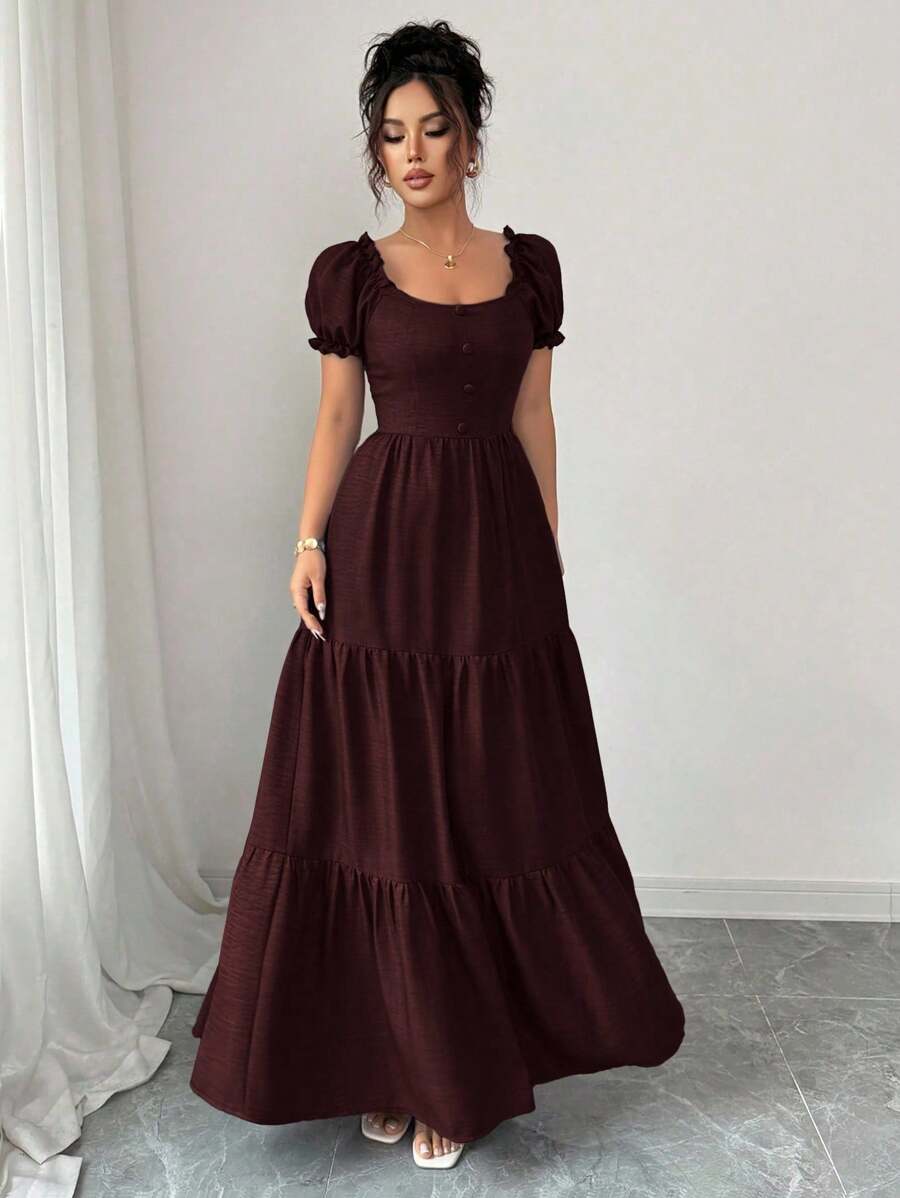 SHEIN Elenzga فستان طويل بطبقات وكشكش وطوق فريد