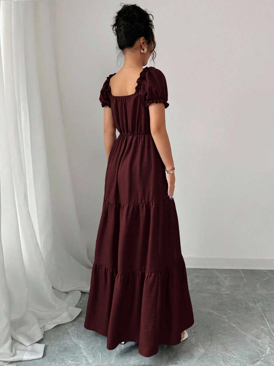 SHEIN Elenzga فستان طويل بطبقات وكشكش وطوق فريد