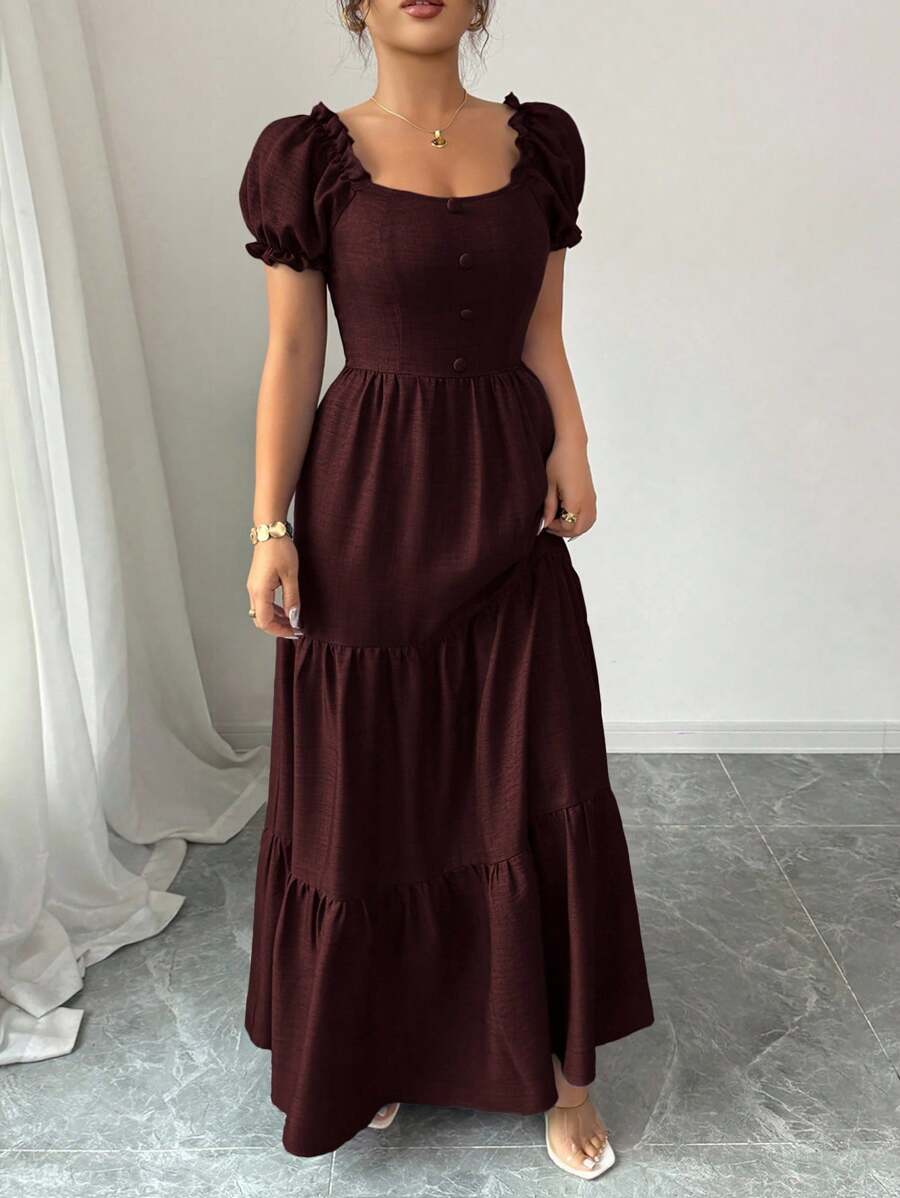 SHEIN Elenzga فستان طويل بطبقات وكشكش وطوق فريد