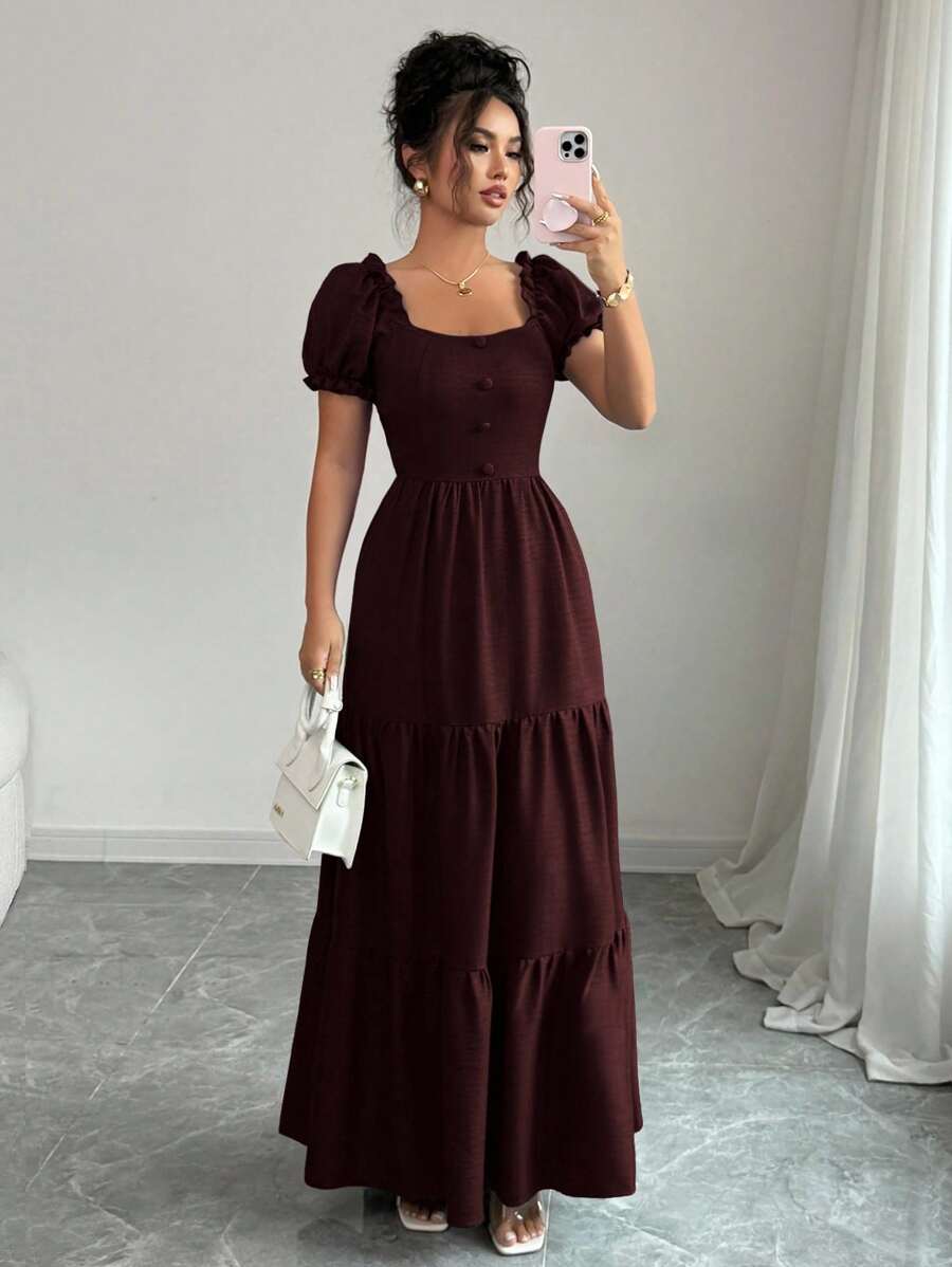 SHEIN Elenzga فستان طويل بطبقات وكشكش وطوق فريد
