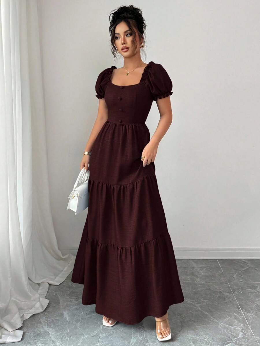 SHEIN Elenzga فستان طويل بطبقات وكشكش وطوق فريد