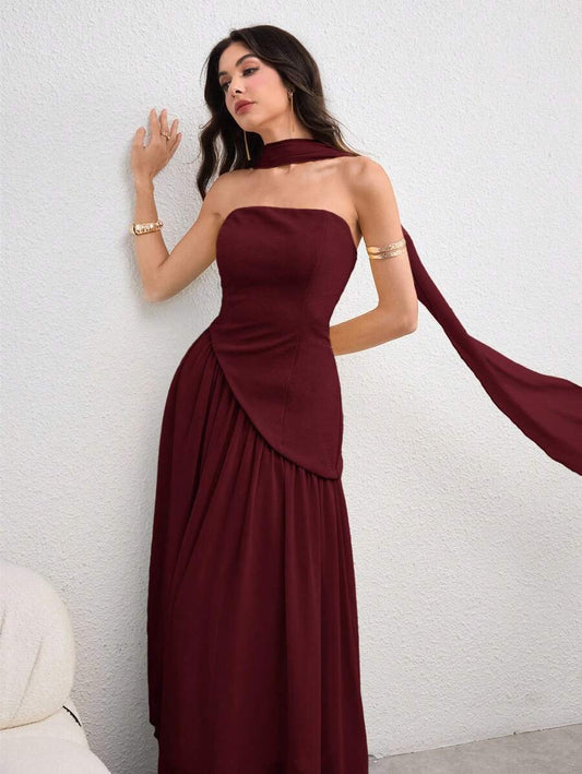 SHEIN NOVVYNE فستان عنابي بتصميم غير متماثل