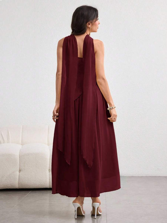 SHEIN NOVVYNE فستان عنابي بتصميم غير متماثل