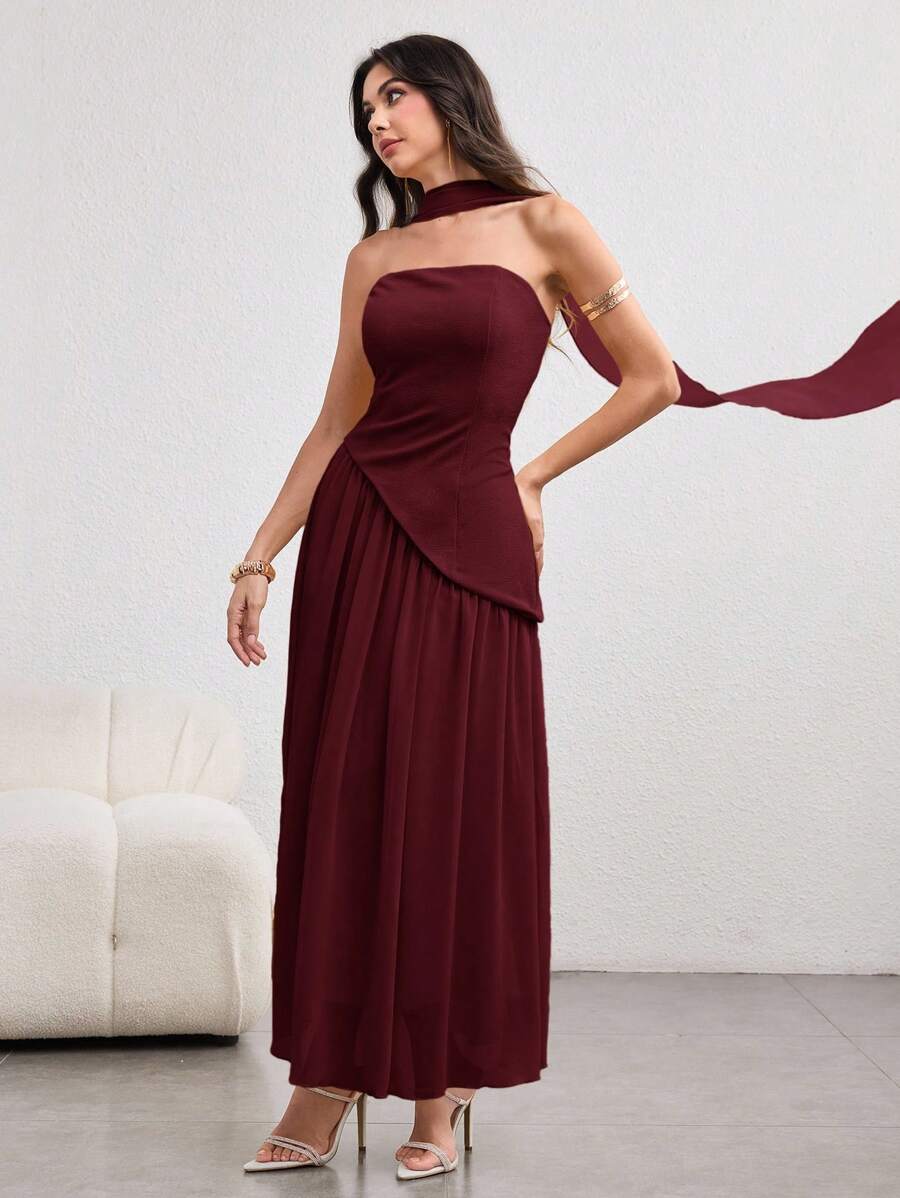 SHEIN NOVVYNE فستان عنابي بتصميم غير متماثل