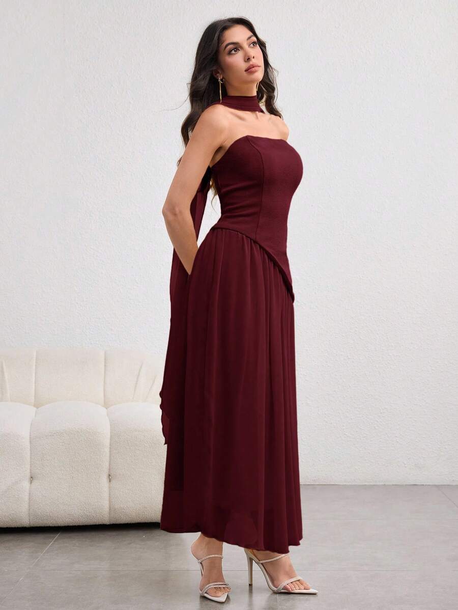 SHEIN NOVVYNE فستان عنابي بتصميم غير متماثل
