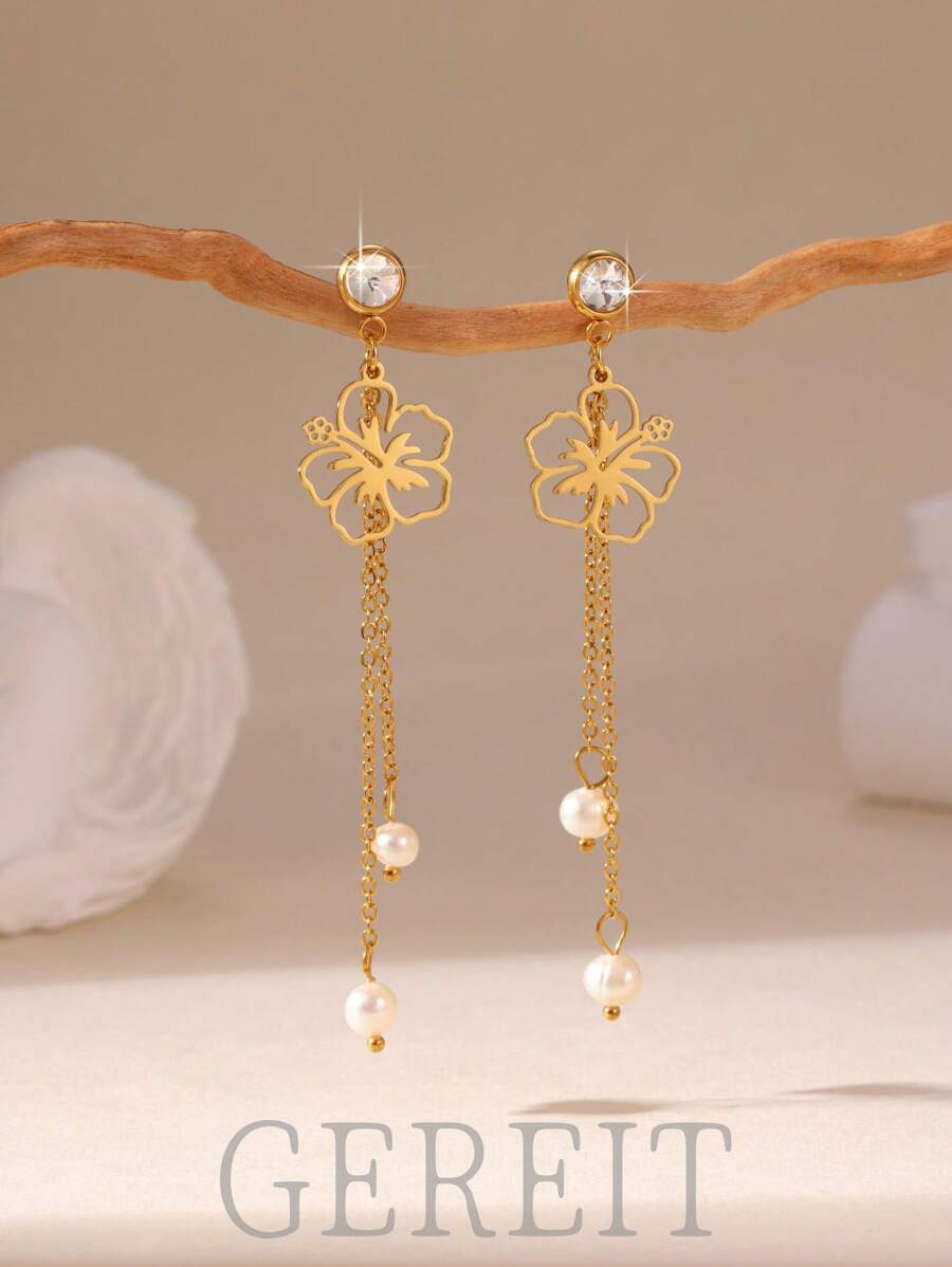 SHEIN GEREIT زوج أقراط ستانلس ستيل مزينة لؤلؤ وزهرة وزركونيا