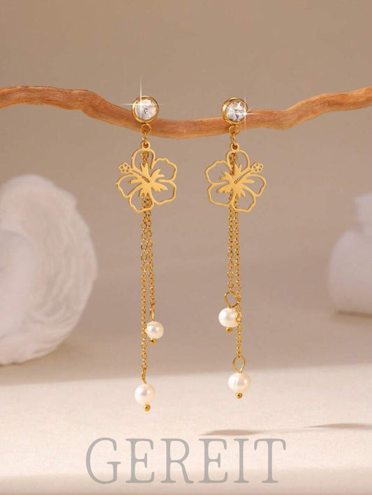 SHEIN GEREIT زوج أقراط ستانلس ستيل مزينة لؤلؤ وزهرة وزركونيا