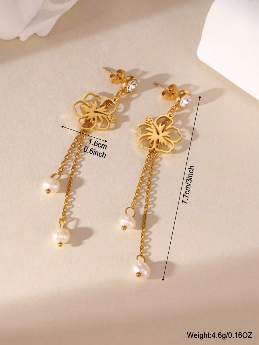 SHEIN GEREIT زوج أقراط ستانلس ستيل مزينة لؤلؤ وزهرة وزركونيا