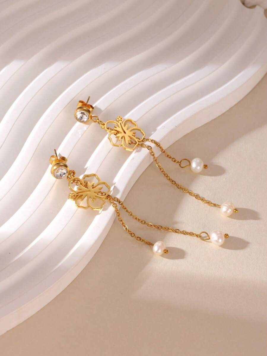 SHEIN GEREIT زوج أقراط ستانلس ستيل مزينة لؤلؤ وزهرة وزركونيا