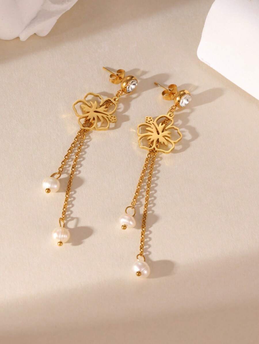 SHEIN GEREIT زوج أقراط ستانلس ستيل مزينة لؤلؤ وزهرة وزركونيا