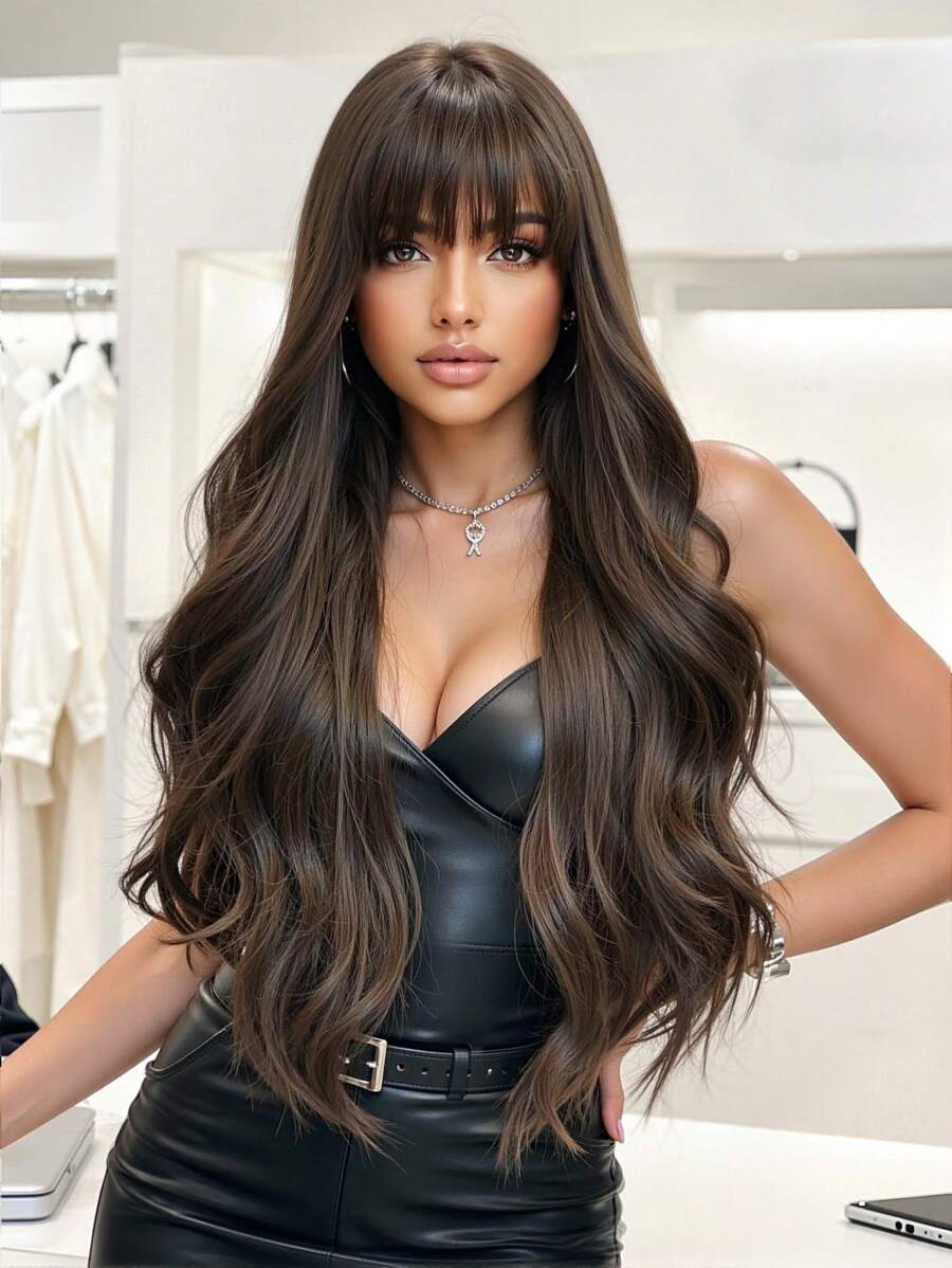 SHEIN باروكة شعر مجعد طويلة 26 بوصة بلون بني مع غرة مقاومة للحرارة