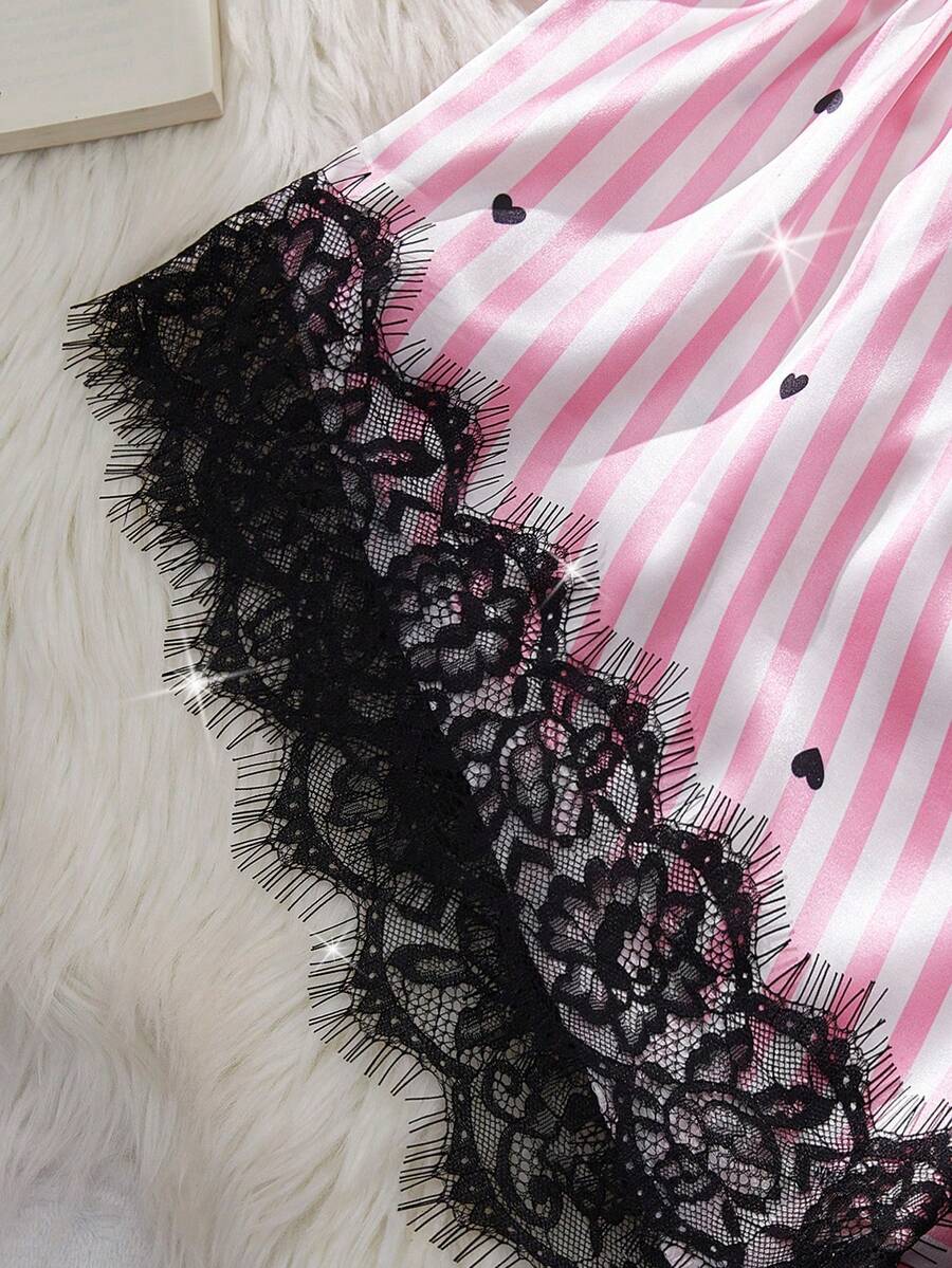 SHEIN طقم لانجري حريري قطعتين مزين بالدانتيل والفيونكة