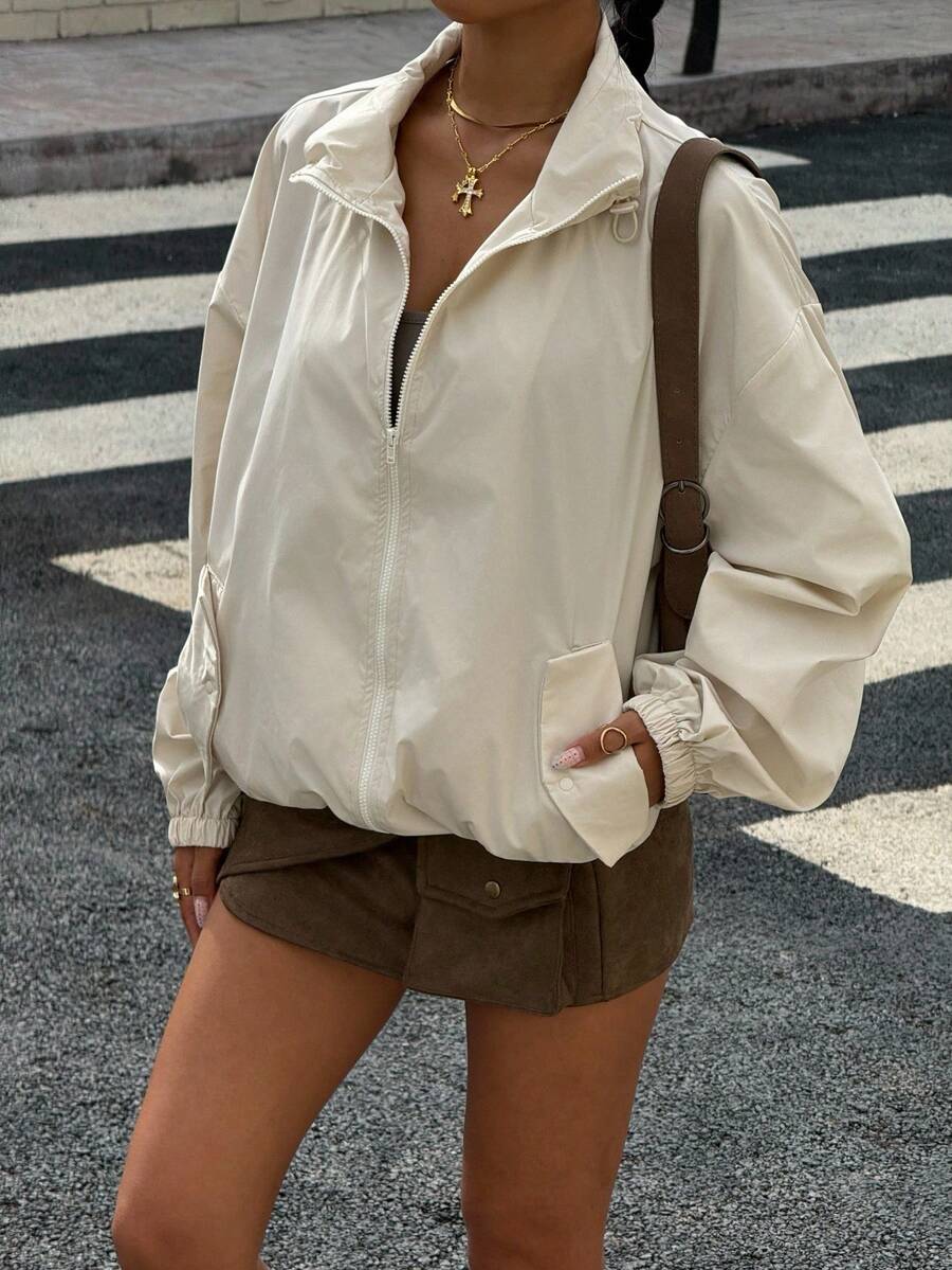 SHEIN Muchica جاكيت نسائي فضفاض بسحاب وكتف منسدل بلون بيج
