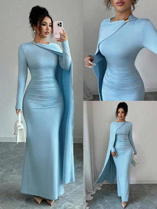 SHEIN Elenzga فستان ازرق طويل بخصر ملفوف ومطوي