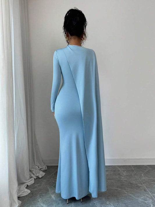 SHEIN Elenzga فستان ازرق طويل بخصر ملفوف ومطوي