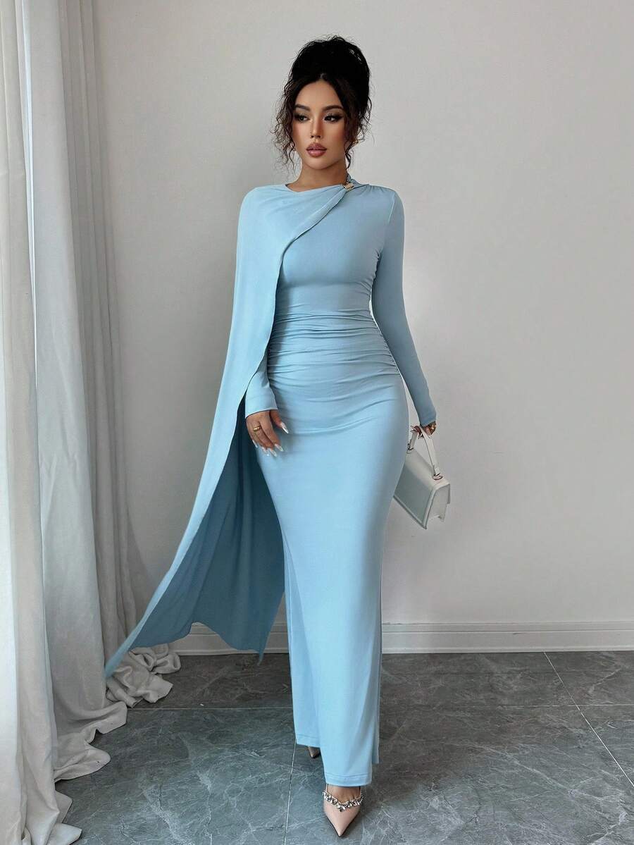 SHEIN Elenzga فستان ازرق طويل بخصر ملفوف ومطوي