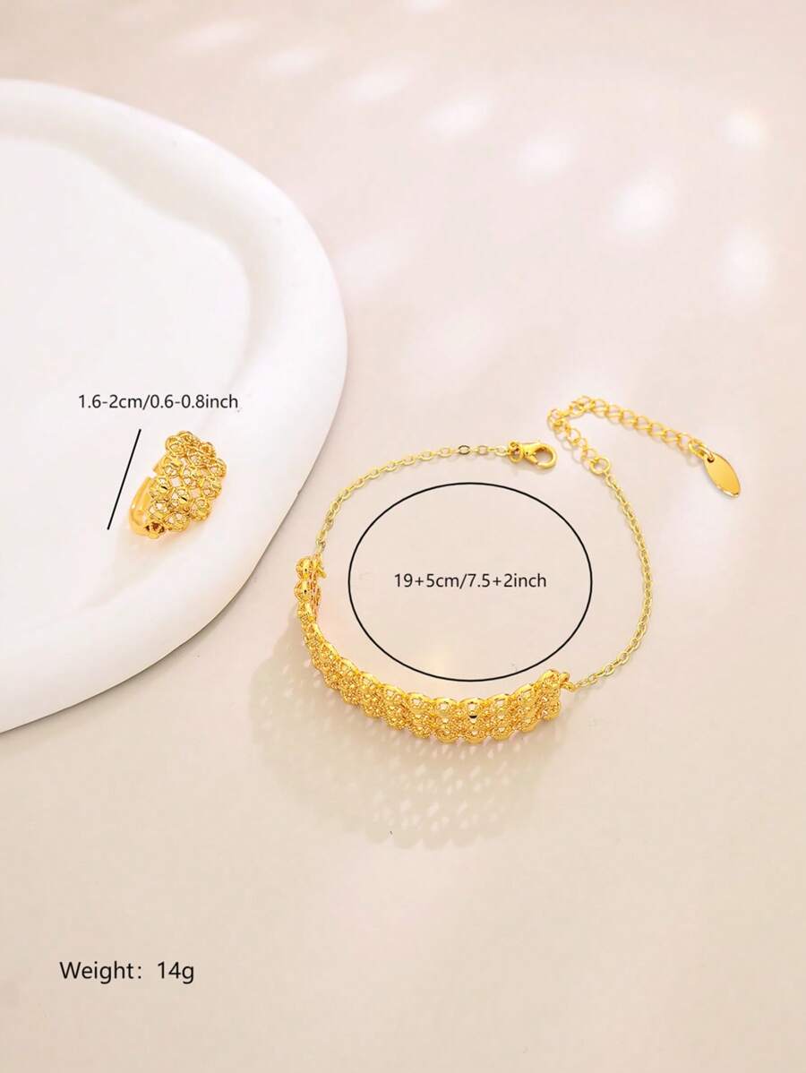SHEIN مجموعة سوار وخاتم زهري مجوف ذهبي