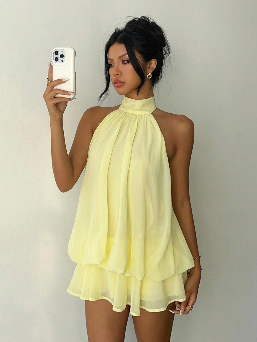 SHEIN Aloruh فستان شيفون أصفر أنيق بربطة عنق