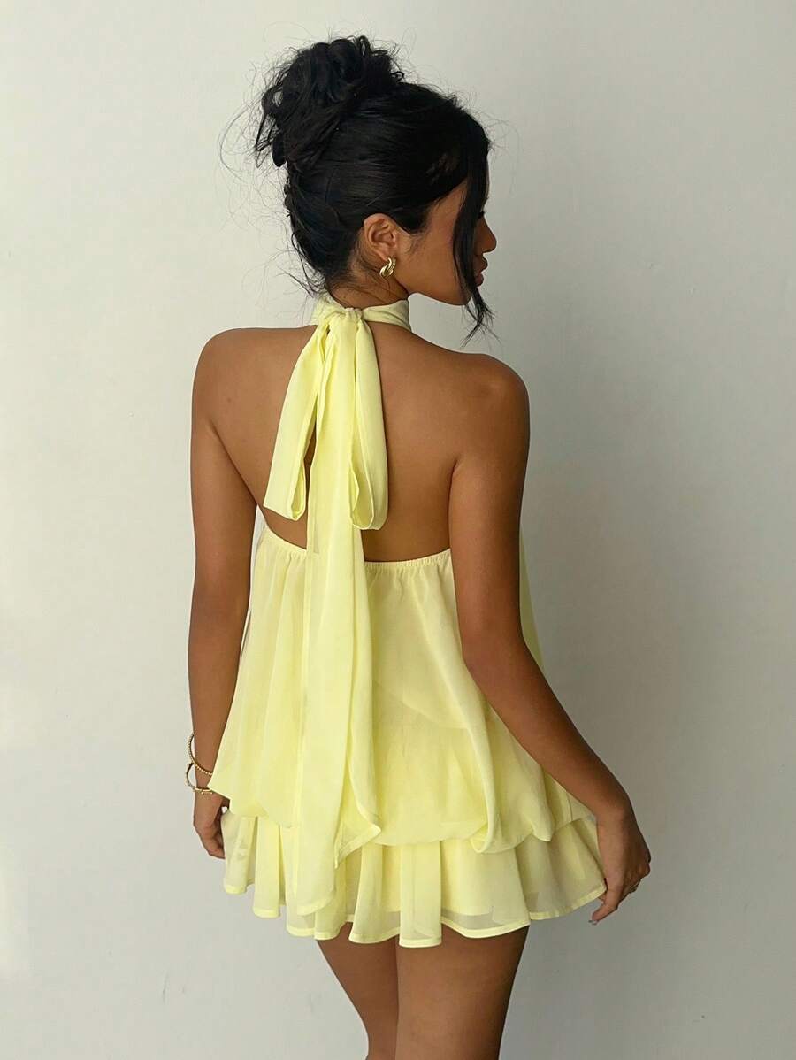 SHEIN Aloruh فستان شيفون أصفر أنيق بربطة عنق