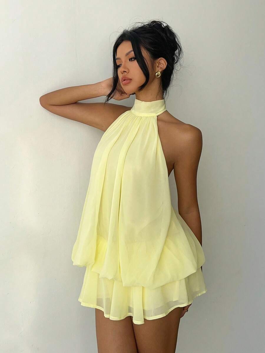 SHEIN Aloruh فستان شيفون أصفر أنيق بربطة عنق