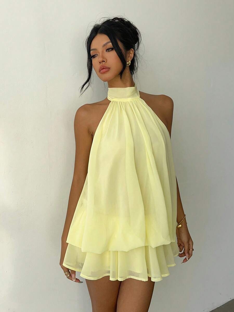 SHEIN Aloruh فستان شيفون أصفر أنيق بربطة عنق